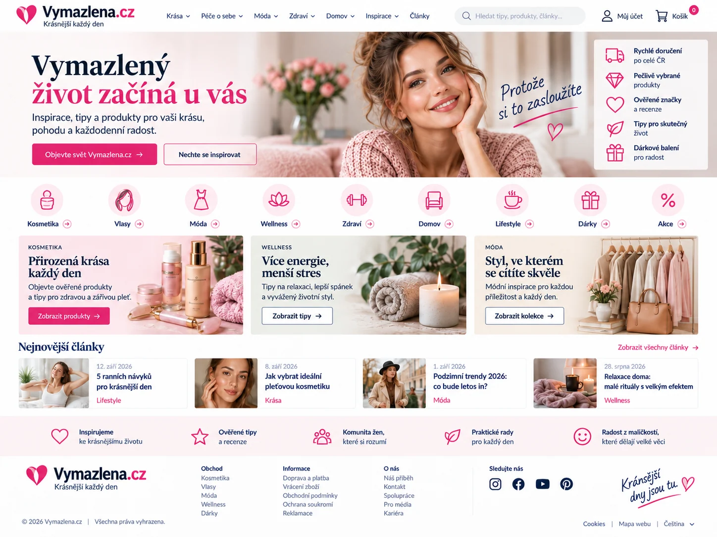 Ilustrační návrh růžově laděného lifestyle portálu Vymazlena.cz